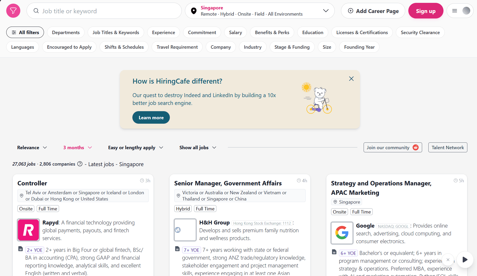 The hiring.cafe homepage, which aggregates company career pages
