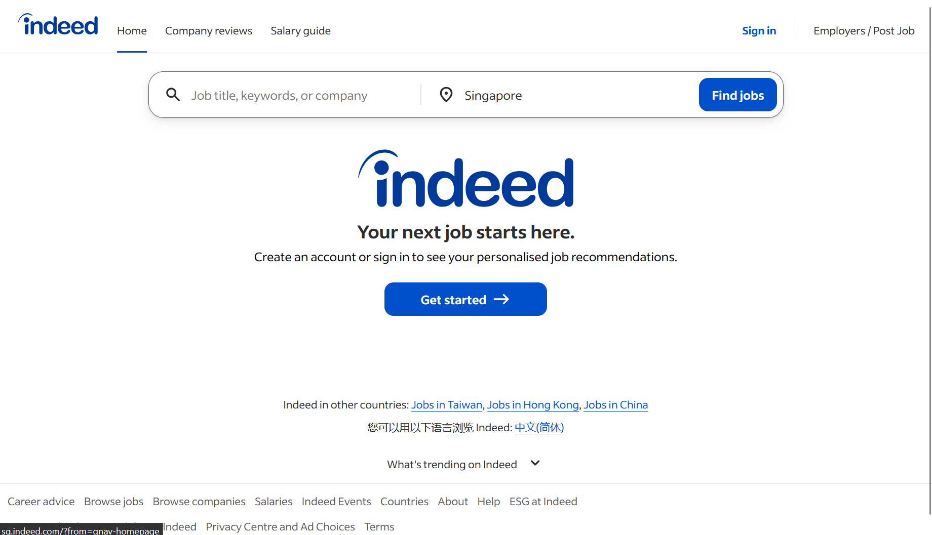 The Indeed Singapore homepage