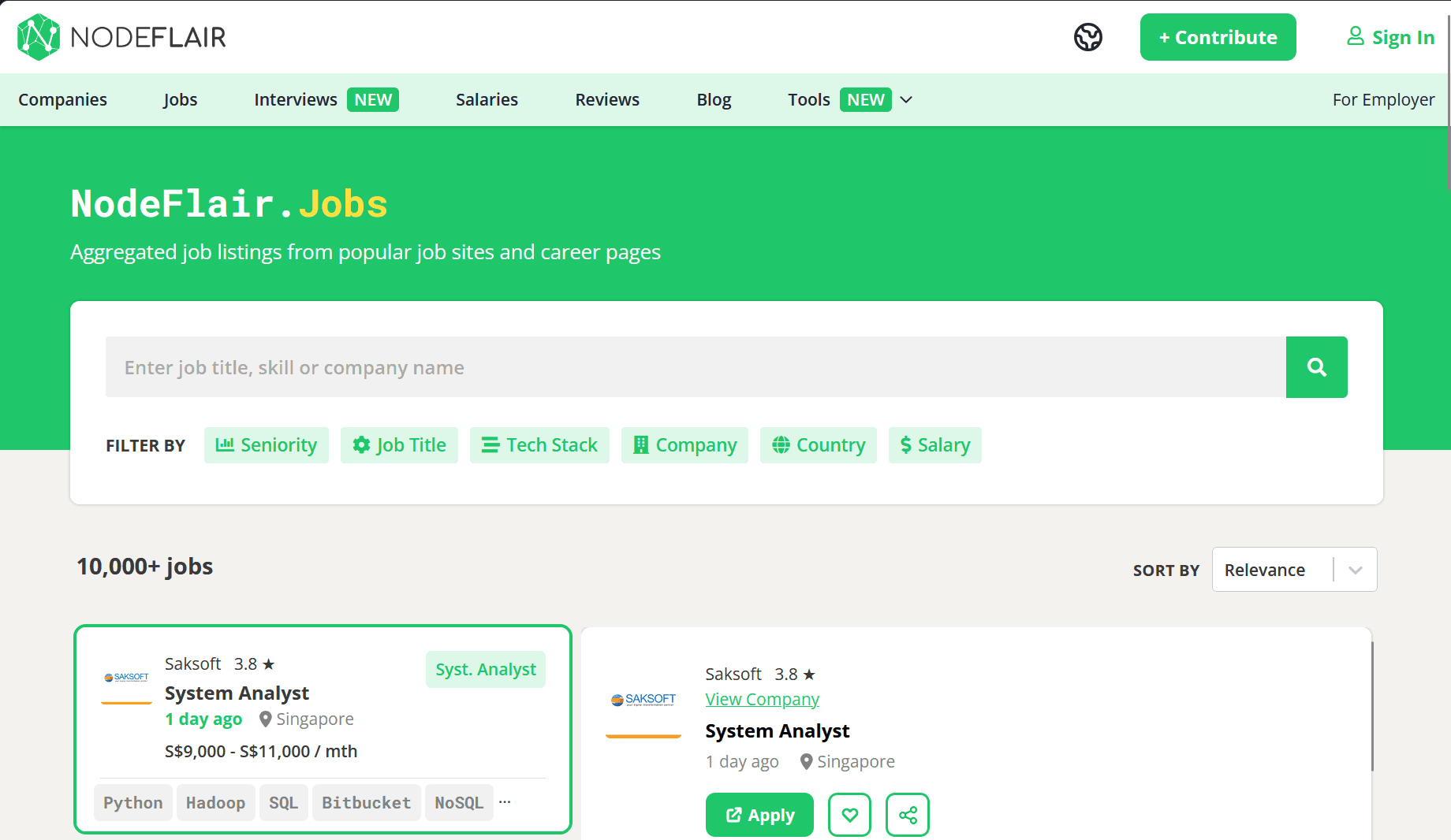 The NodeFlair homepage, showing Singapore tech roles with salary data